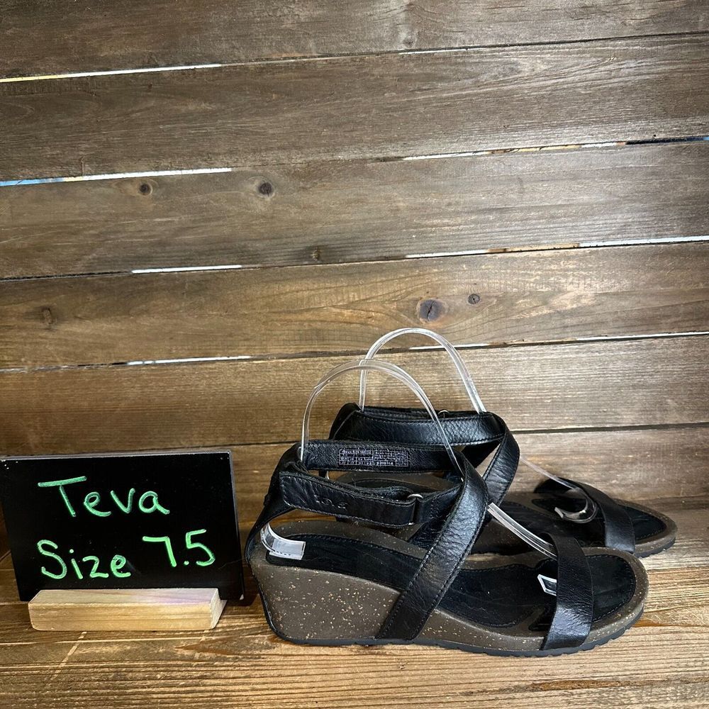 Womens Teva Cabrillo Strap Wedge Black Leather Heeled Sandals